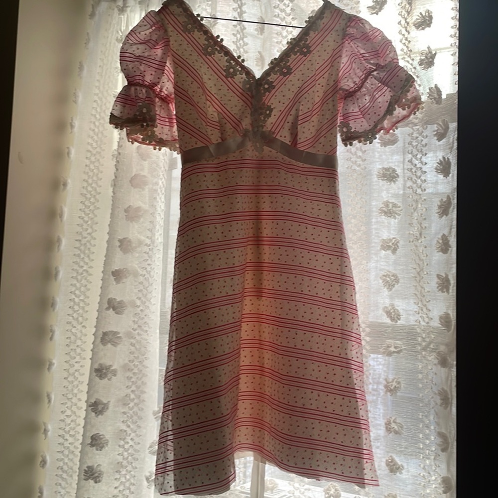 Vintage 70s Pink and White Floral Babydoll Dress Small